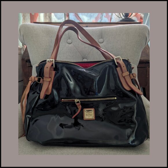 Dooney & Bourke Glossy Black Satchel with Tan Accents - Picture 2 of 2